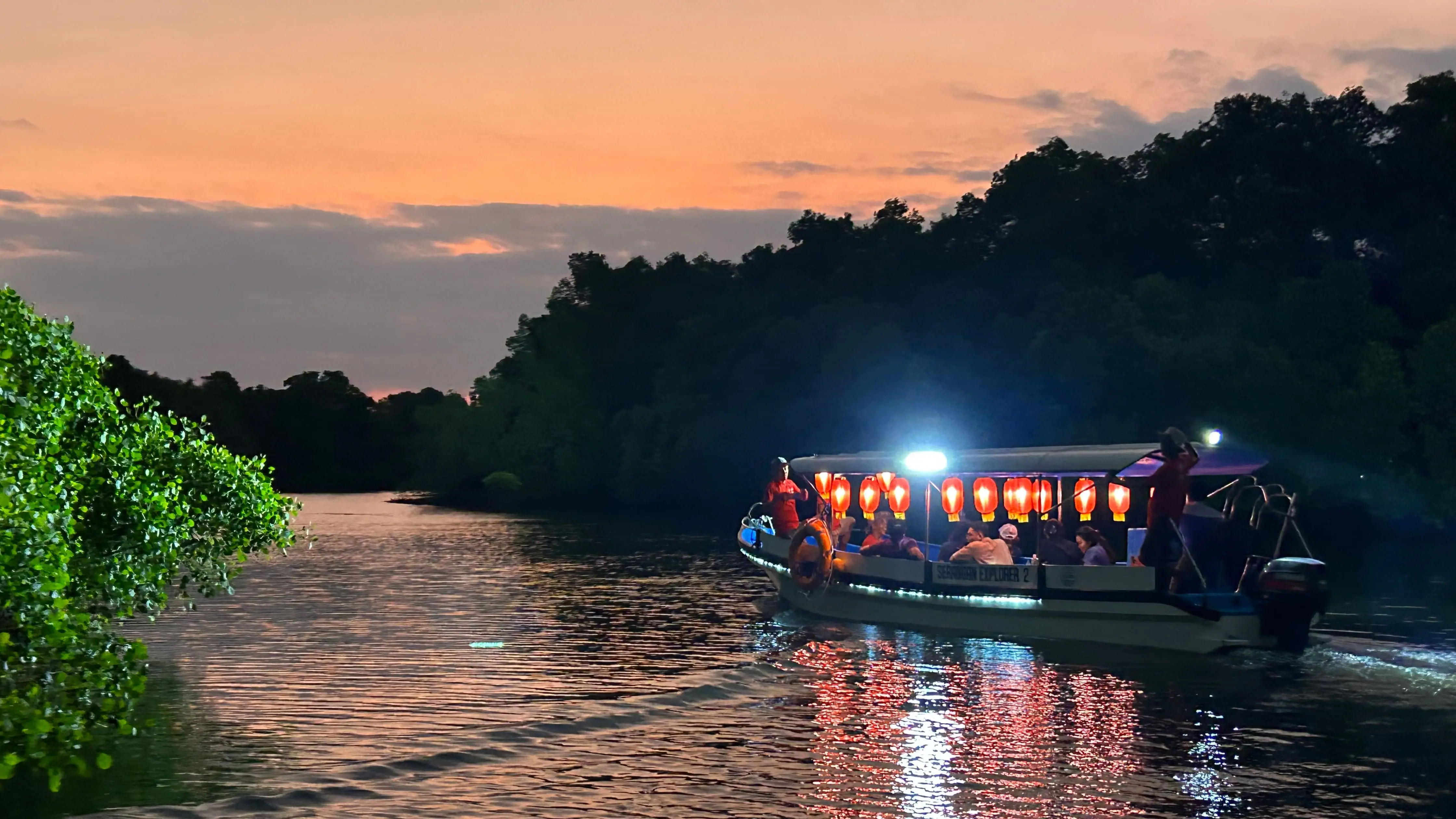 Bali mangrove night cruise boat sailing under the sunset with lantern lights glowing in the mangrove forest