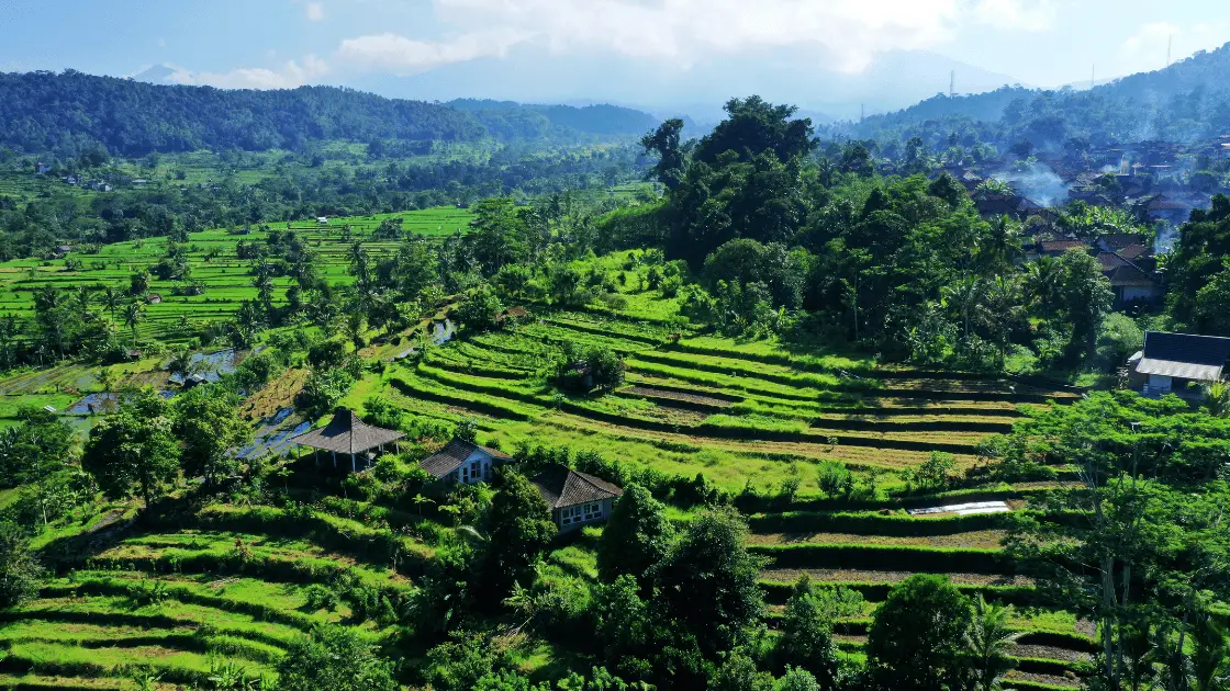 Bali slow travel through Rice Terraces in Sidemen Village, Bali.