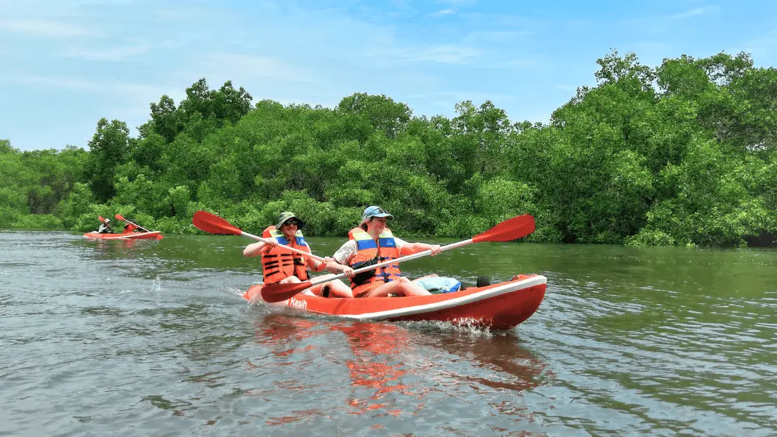 Tourists on a bali mangrove canoeing tour experiencing an eco friendly and sustainable adventure